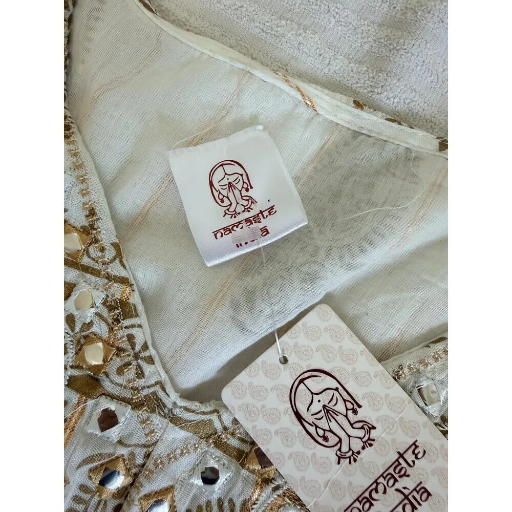 Namaste India Women S Dress Gold White Embroidered Bell Sleeve Festival Boho - Picture 14 of 16